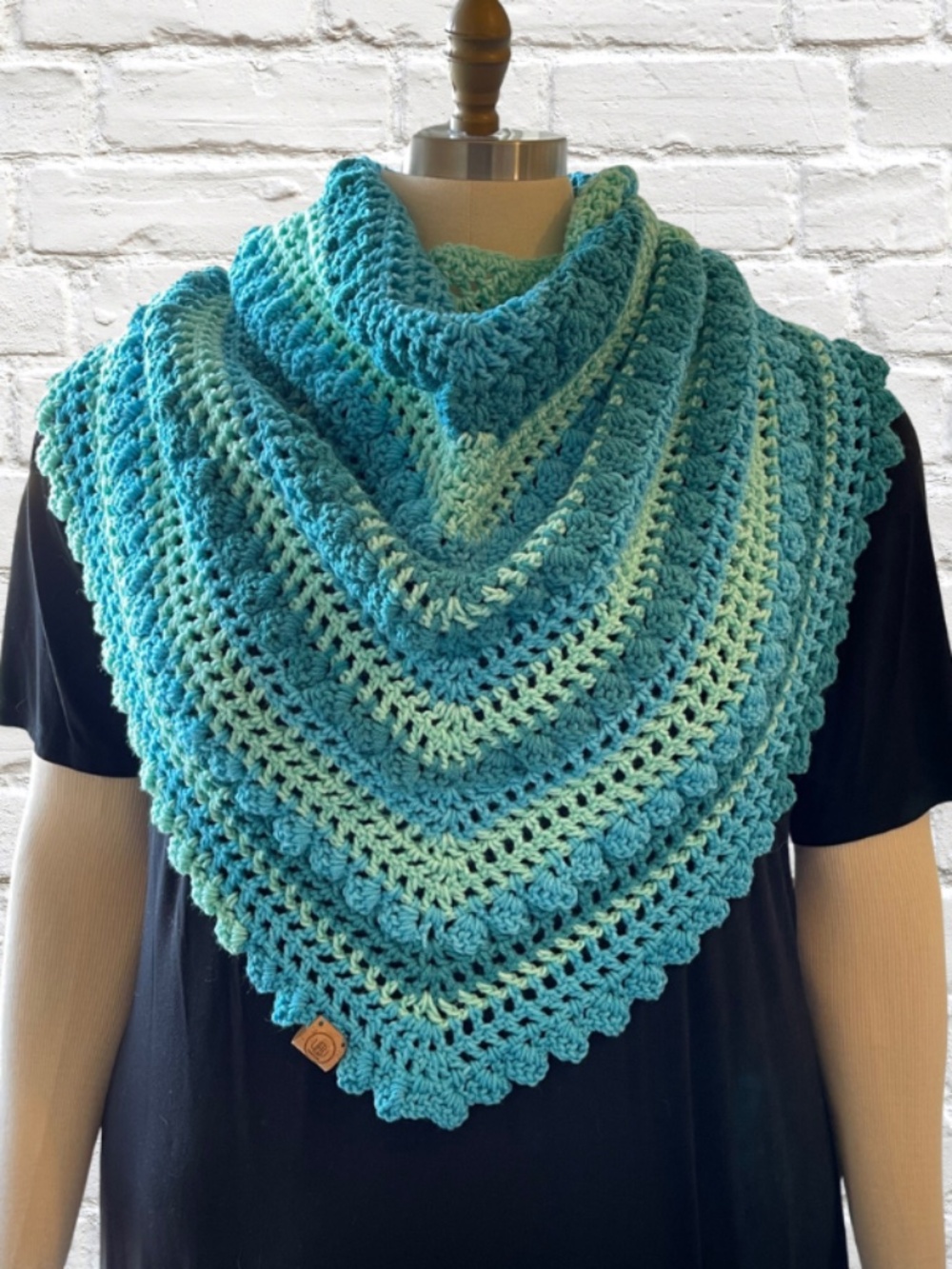 One-of-a-Kind Variegated Ombre Green Crocheted Triangle Shawl Scarf